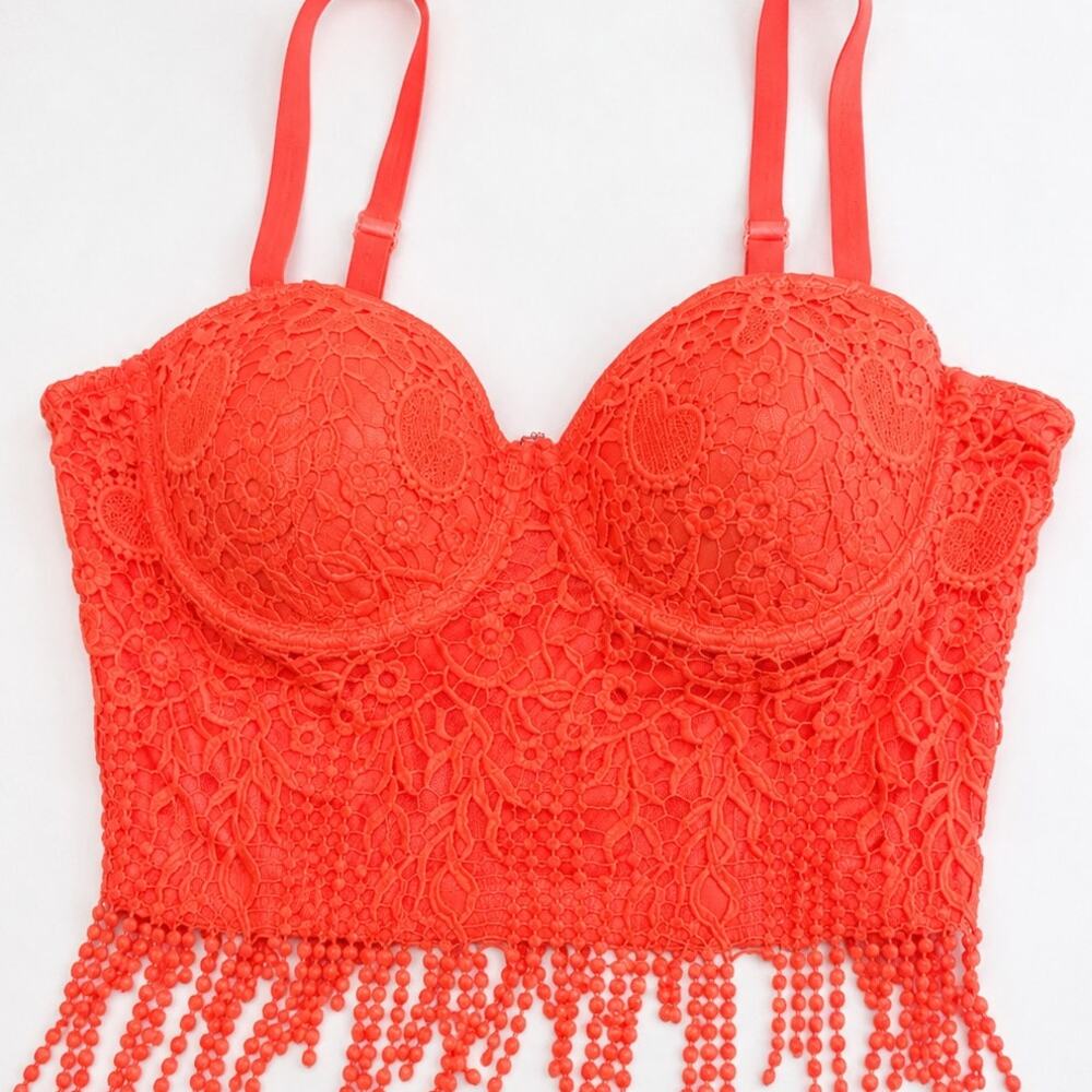 Juju Be Neon Coral Lace Fringe Bustier Crop Top Underwire Hook Back Women L